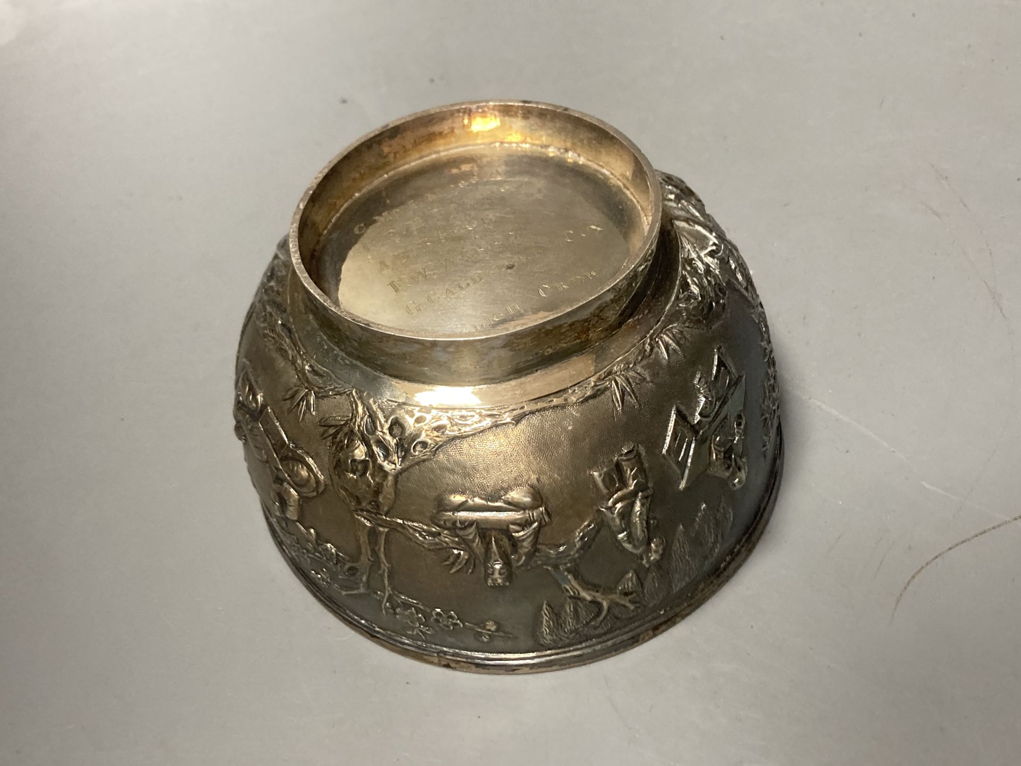 An early 20th century Chinese Export white metal small bowl, by Wang Hing, engraved International Cup Hong Kong, 1903,
